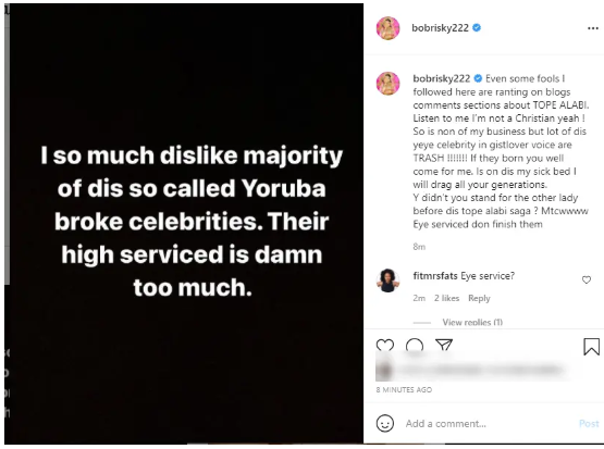 Bobrisky Blasts Yoruba Celebrities For Supporting Adeyinka Alaseyori Amidst Beef With Tope Alabi 3 Screenshot 20210613 180143