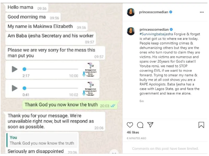 ‘His victims are numerous, and span over 20years’ Comedienne Princess blasts those asking her to forgive Baba Ijesha 3 Screenshot 20210617 103328