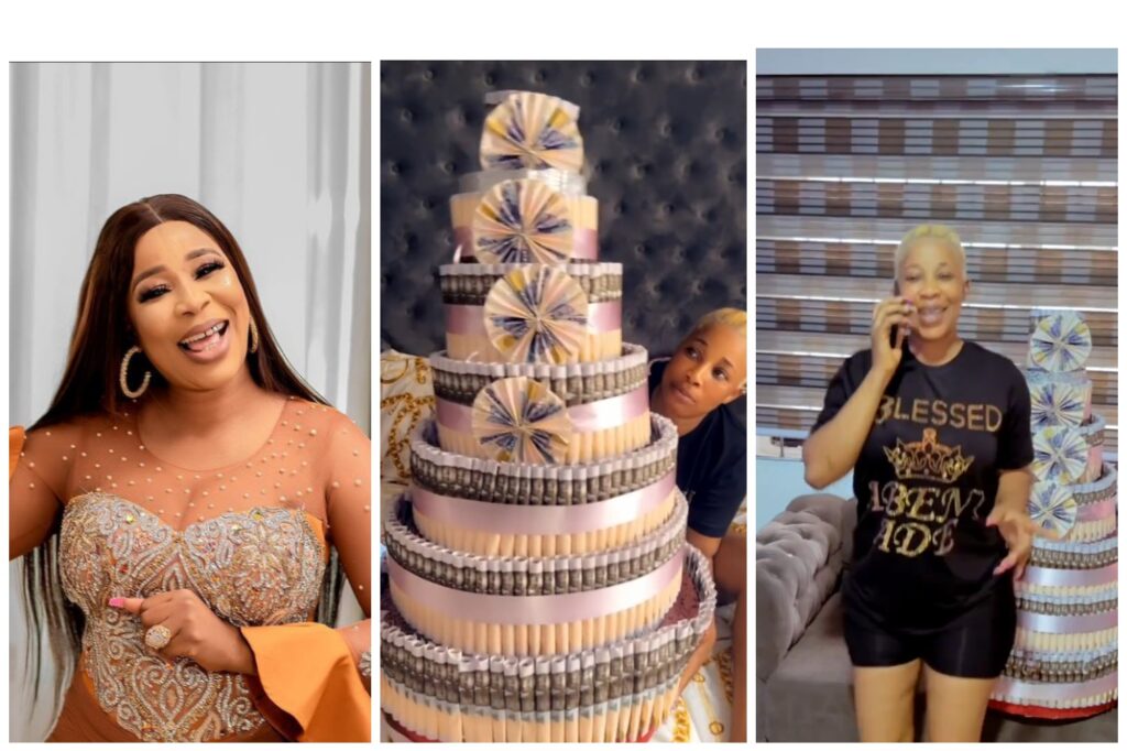 Yoruba actress Kemi Korede shows off massive money cake she received on her birthday (video) 2 1627031354601