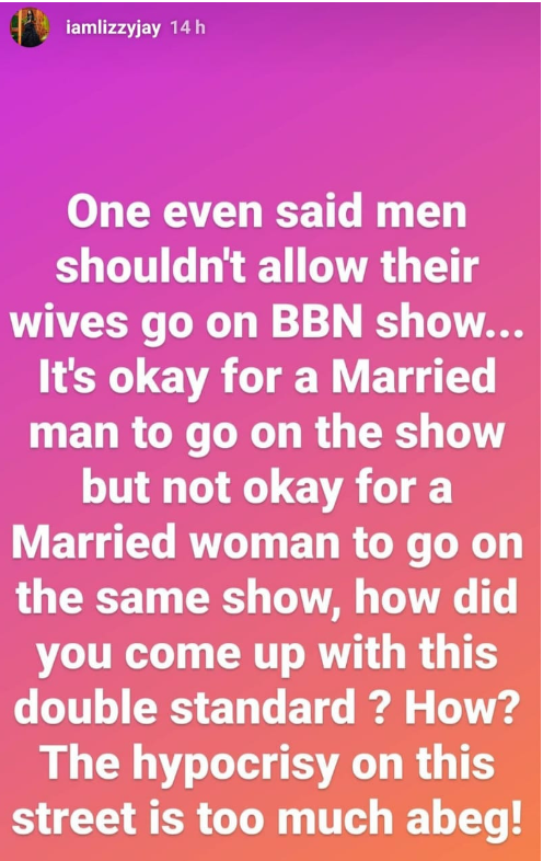 #BBNaija:”Why must the woman be the one to take the fall for every sin?- Actress Lizzy Jay slams Nigerians attacking BBNaija housemate, Tega, over her alleged affair with Boma 4 Screenshot 20210902 160709