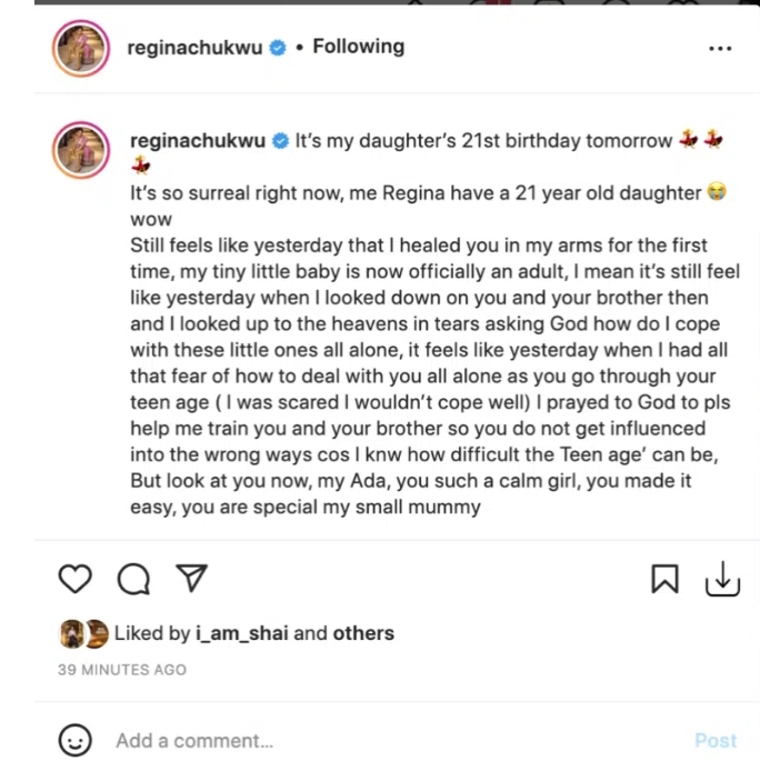 ‘In tears, I was asking God how I’ll cope with these little children’ Actress Regina Chukwu reminisces on her husband’s death as her daughter clocks 21 3 Screenshot 20220404 114451