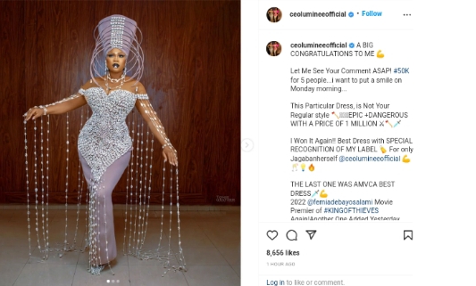 Congratulations To Actress Eniola Ajao As She Was Given The Honour Of Best Dress Actress At The Movie Premiere Of King Of Thieves With The Grand Price Of 1 Million Naira (Photos) 4 Screenshot 20220404 130259