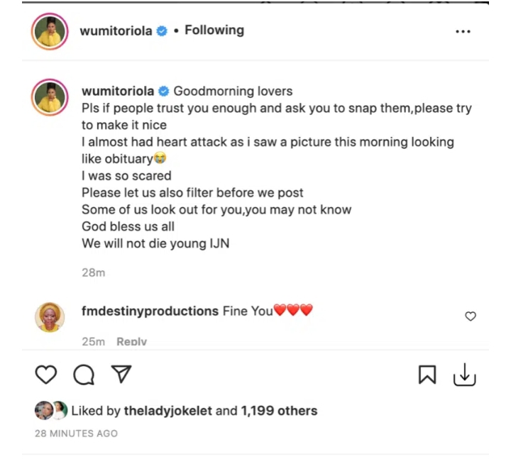 ‘How I almost had heart attack this morning’ Actress Wunmi Toriola 3 Screenshot 20220427 111035