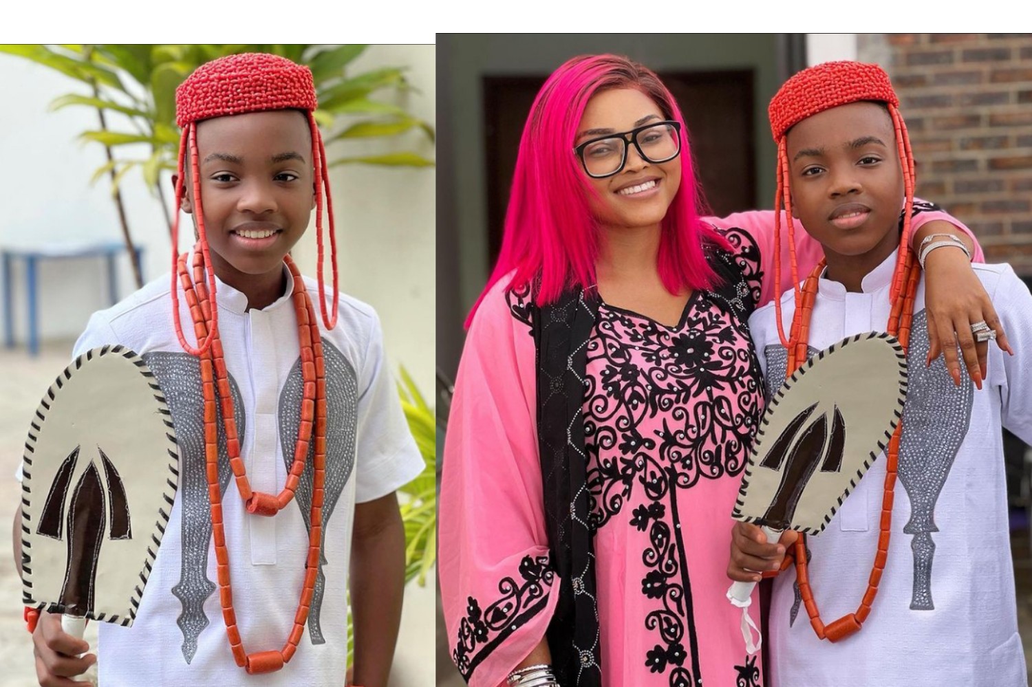 Reactions as Nollywood actress, Mercy Aigbe poses with her son in royal outfit