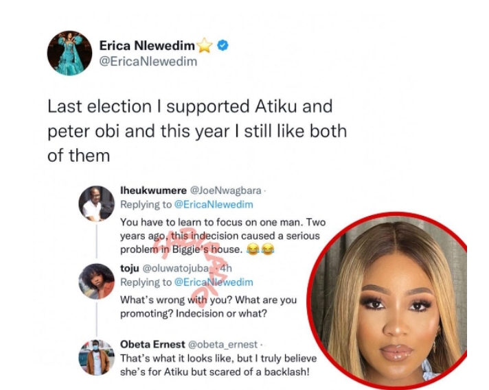 Atiku is Kiddwaya while Peter Obi is Laycon- Reactions as BBNaija’s Erica says she supports both Atiku and Peter Obi 3 Screenshot 20221021 161626