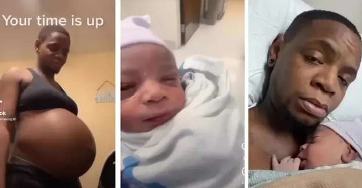“Na through nyash pikin follow comot” – Man stir reactions after he gave birth to a baby boy (video)